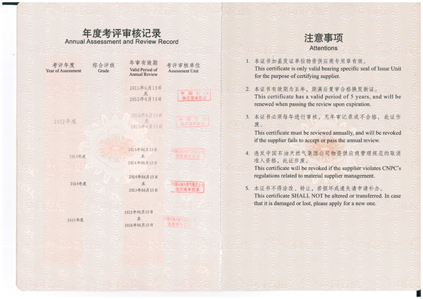 PetroChina annual inspection certificate